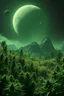 Placeholder: green moon landscape on fantasy green planet, space meteorites, stars in the night sky, fantasy plants on the planet of marijuana trees split toning effect, subsurface gaussian scattering, dark fantasy, dark botany, photorealistic image, ultra-details