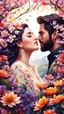 Placeholder: a couple surrounded by blossoming flowers, symbolizing the growth and beauty of their love. Pay attention to the details of the flowers and the emotions conveyed by the couple