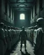 Placeholder: Bosch painting style, nightmare , a prisoners lined up in line in a circle after another inside a prison yard , an Ai robot is watching them , great quality picture with cinematic scenes ,