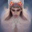 Placeholder: portrait,"Insanely detailed photograph of a beautiful nordic vestal Goddess,gorgeous clean face,intricate mask, highly intricate dress,intricately designed colorful flowers in hair,elegant, highly detailed hair, digital painting, artstation, concept art, smooth, sharp focus, illustration, art by artgerm and greg rutkowski and alphonse mucha, 8 k,looking downward,album cover art,fantasy