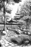 Placeholder: Tokyo garden in autumn abstract pencil black and white STYLE OF HIROKU OGAI