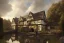 Placeholder: portrait of a tudor manor house on a street, fishpond architecture, highly detailed, blue sky, cinematic lighting, digital art painting by greg rutkowski