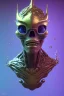 Placeholder: purple African alien, cracks in the head, wicked, Asian eyes, crown, blood, 8k, finely detailed, photo realistic, Boris Vallejo style turquoise skull head gold dragon space alien rain skeleton silver helmet silver space suit spaceships