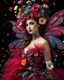 Placeholder: Realistic Photography Beautiful Fairytale, a stunning women adorned in vibrant carnival attire, ethereal beauty, black background, with swirling colors and fantastical tiny flowers, enchantment and grace, twisted vines, whimsical, surreal landscapes, emotive style, dreamlike quality, and magical realism, carnival red, ethereal pink, whimsical blue, vibrant green, celestial purple, golden amber, and shimmering silver