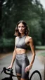 Placeholder: photography of a beautiful anorexic woman, grey satin triathlon top, brunette wavy bob haircut, pronounced sternum, flat chest, grey satin cycling leggins