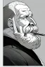 Placeholder: old man in profile smokes a cigar, shot hair, greyscale