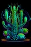 Placeholder: makea coloring page featuring a Cybernetic Cactus in a digital desert, with neon lights illuminating its prickly spines. Apply mandala patterns for a mesmerizing effect. Sketch style, full body, dark background