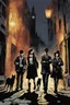 Placeholder: Design a detective book cover for teenagers. Three teenage detectives and black cat in the centre, one boy on her left, the girl in the centre and one on her right are on the town street. Banksy style, modern comic book style, mysterious atmosphere,