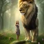 Placeholder: Young beautiful girl wearing floral crown standing next to a realistic, stunning lion on nature forest path, Chronicles of Narnia, 8k resolution, high-quality, fine-detail, iridescent, intricate, digital art, detailed matte, volumetric lighting, beautiful, illustration, 3D octane render, brian froud, howard lyon, selina french, anna dittmann, annie stokes, lisa parker, greg rutowski,