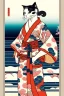 Placeholder: ukiyo-e style print of a cat with a human body wearing a soft yukata and walking by the sea