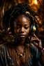 Placeholder: earthy black young woman listening to music with small old school headphones, soul, peace, majestic, earthy colours, at peace, happy, incense, jewels, bands, natural, old school headphones, blasian eyes, incense, very dark skin, crystals, gold arm bands, locs with beads, no hands