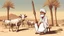 Placeholder: Old man, Arab, turban, white clothes, cattle, desert, council, sun, palm trees, mud houses, holding a stick, looking forward, a very slight smile.cartoon,Sitting on a chair,long beard,Mouth slightly open