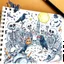 Placeholder: rich color pencil hand doodle sketch on a spiral binded notebook page, chaotic psychedelic cemetery scene with wacky skeletons and crows in the style of Kenny Sharfe and Jim Woodring, maximalism