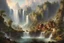 Placeholder: A scene of a majestic mithological gods town on mountain range, with a cascading waterfall and lush greenery, in the style of Albert Bierstadt and Thomas Moran, with a sense of grandeur and awe-inspiring beauty.