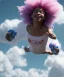 Placeholder: Ultra realistic speed clouds sky scene, wide angle view, sweet childs falling down, inflatable color clothing, free jumping flying, many trinkets, monster hair, hair monster, many jelly beans, balls, smile, happy, circus style, extreme, wind, clouds sea, 20,000 feet altitude, stratosphere, soft color, highly detailed, unreal engine 5, ray tracing, RTX, lumen lighting, ultra detail, volumetric lighting, 3d, finely drawn, high definition, high resolution.