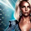 Placeholder: britney spears, Cyborg queen, light blonde hair, pixie hairstyle, cobalt eyes, waist up portrait, 8k resolution, intricate details, ornate details, soft lighting, vibrant colors, masterpiece, intricate eyeliner, dark eyeshadow, eyes, intricate tattoos, gradient background