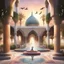 Placeholder: Hyper Realistic people praying in a multicolor rustic textured Mosque with beautiful fountain & white rose garden with beautiful sunset & birds flying