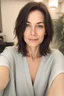 Placeholder: A selfie of a brunette woman, middle short hair taken at spa salon. showing attractive 37-year-old European woman. (She has white skin, tousled black hair, pretty face without makeup, big round brown eyes, cute profiled nose, detailed full lips, skin texture.)