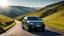 Placeholder: black Cross between black bentley bentayga and Range rover, on a road of green hills in morning, clear blue sky, shining sun rear view