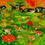 Placeholder: An olive green swamp with fiery orange frogs painted by Gustav Klimt