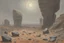 Placeholder: Grey sky with one planet in the horizon, rocks, cliffs, sci-fi, rocky arid land, 90's sci-fi movies influence, rodolphe wytsman and friedrich eckenfelder impressionism paintings