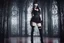 Placeholder: Full-body shot, of slender pale emo woman, standing braced, long straight dark hair with bangs, fair skin, red lips, slender, stockings, stilettos, fantasy background