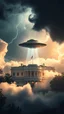 Placeholder: A ufo hovering above the White house hovering above swirling clouds, emerges from the heart of a raging storm. Turbulent winds of steam swirl around the iconic structure, lit by shafts of sunlight that cast dramatic shadows on the A large UFO spacecraft hovering over the White House surrounding clouds. A storm rages and thunder lights up the dark sky,