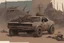 Placeholder: armored muscle car with weapons and effigies, post-apocalyptic, concept art