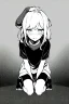 Placeholder: little blonde girl cries crouched down with hands on her head., grayscale