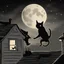 Placeholder: un gato saltando a un tejado en la noche y que se vea la luna luminosa de fondo, con perros mirando desde el suelo, no del tejado, al estilo van ghog