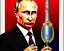 Placeholder: Russia president satan Vladimir Putin, evil fangs, atomic bomb cudgel