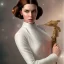 Placeholder: stunning half-body portrait photo of princess leia from Star Wars, hazel iris, wlop, artgerm, akihiko yoshida, and liang xing, detailed face, doe eyes, intricate braided hair style, symmetrical eyes, trending on artstation, highly detailed, white dress, dynamic pose, intricate outfit, space ship and galaxy background