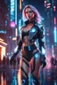 Placeholder: Full body portrait realistic cyber Russian girl dressed appealing, nightlife costume, she is looking at her holographic watch, futuristic uplifting mood and motivation theme, science fiction, spectacular landscape spring season in cyberpunk city, incredibly beautiful in the cyber-city street, stunning intricate meticulously detailed dramatic digital illustration volumetric lighting, 200 megapixels 8K resolution, back-lit soft lights, photo-realistic arts, realistic photography, neon colo