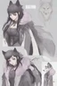 Placeholder: A dnd character sheet. A woman dressed for the cold north in black and white furs, with black hair and lilac eyes. Wolf pelt