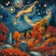 Placeholder: Autumn colors, peaceful, Egon Schiele, Max Ernst, night sky filled with galaxies and stars, rocks, trees, flowers, one-line drawing, sharp focus, 8k, deep 3d field, intricate, ornate, one million strokes. strong colors