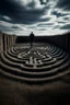 Placeholder: A man enters a labyrinth and in the background sky we can see the shape of a skull