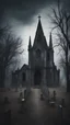 Placeholder: Scary gothic abandoned chapel stands in the background in the middle of a dark eerie cemetery