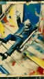 Placeholder: aerial view of the devil's servant hilariously falling down the slide of madness, background with imp laughter, polaroid in the Jasper Johns Style