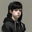 Placeholder: Realistic sketch of teenage boy wearing black hoodie, short black hair with shite streak, black cargo pants