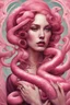 Placeholder: Abstrack surrealist styl a woman and and a super realistic pink snake surrounding it, art nouveau, style