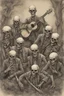 Placeholder: Zombie boy band called Skeleton Crew; Intricate Line Drawing; Ink Wash With Watercolor Paint