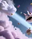 Placeholder: Ultra realistic speed clouds sky scene, wide angle view, strong men falling down with many Childs, circus clothing style, feather color clothing, free jumping flying, many trinkets, hair monster, many jelly beans, balls, color smoke, smile, happy, extreme, wind, clouds sea, 20,000 feet altitude, stratosphere, soft color, highly detailed, unreal engine 5, ray tracing, RTX, lumen lighting, ultra detail, volumetric lighting, 3d, finely drawn, high definition, high resolution.