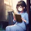 Placeholder: anime girl sitting on a porch swing of an old house, journaling, wearing pajamas, writing in a book, shes watching it rain, more detail on hands and her face,shes deep in her thoughts, wearing glasses, rain drops, she has a pencil in her hand and is writning in the book, she is looking down at what she is writing, lightning, she is writing something in a book