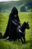 Placeholder: a full-length photograph of a [black-robed hooded Nazgul from the [Lord of the Rings] movies, articulated metal gauntlets] stands over a [small black kitten] which laps from a [small bowl of milk] on the ground, a [huge black warhorse, black saddle] in the background, depth of field, green meadow, mood ominous --style raw
