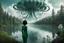 Placeholder: A skinny woman with a black bob hairstyle, in a green and silver suit, standing, looking out over a lake, in an alien forest, with tall narrow cloud trees, with flying dandelion heads with octopus tentacles