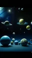 Placeholder: Solar system 12 different sizes plants around in fog blue backdrop with a big spaceship dark hi density photographic