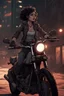 Placeholder: vampire girl with short curly hair riding a cafe racer motorcycle in a post apocalyptic city at night