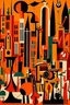 Placeholder: A dark orange color metropolis made out of jazz instruments painted by Stuart Davis