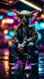 Placeholder: seen from camera on the ground, portrait of slick lord Gremlin myth buster pimp cyber punk sitting on a hipster car parked in dark fashionably lit reflective wet arcade hall tunnel,bokeh like f/0.8, tilt-shift lens 8k, high detail, smooth render, down-light, unreal engine, prize winning