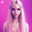 Placeholder: beautiful, soft, smiling face, whole head, long straight blonde hair blues eyes, crown on the head, clothing in transparent bluish and pink veil, background brillante bluish and pink, hight definition, 8K